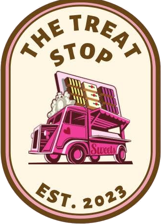 The Treat Stop logo: a pink sweets truck carrying a giant slice of layer cake, est. 2023