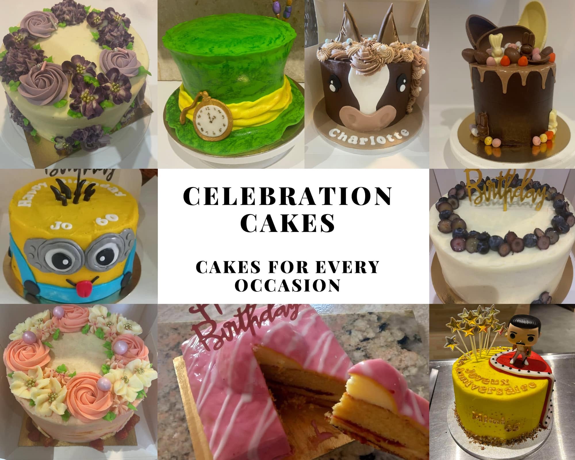 A collage of custom celebration cakes including floral, novelty character and chocolate drip designs